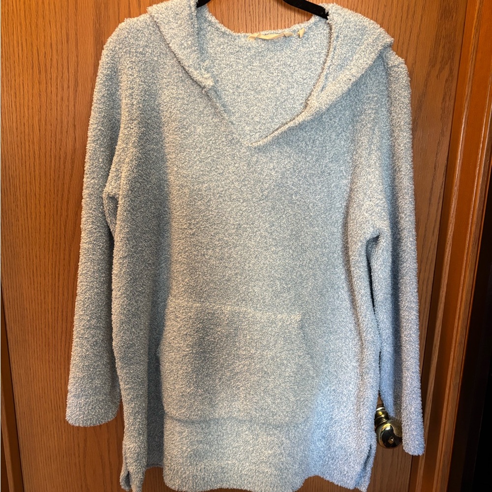 Soft Surroundings Light Blue Plush V-Neck Hooded Sweater